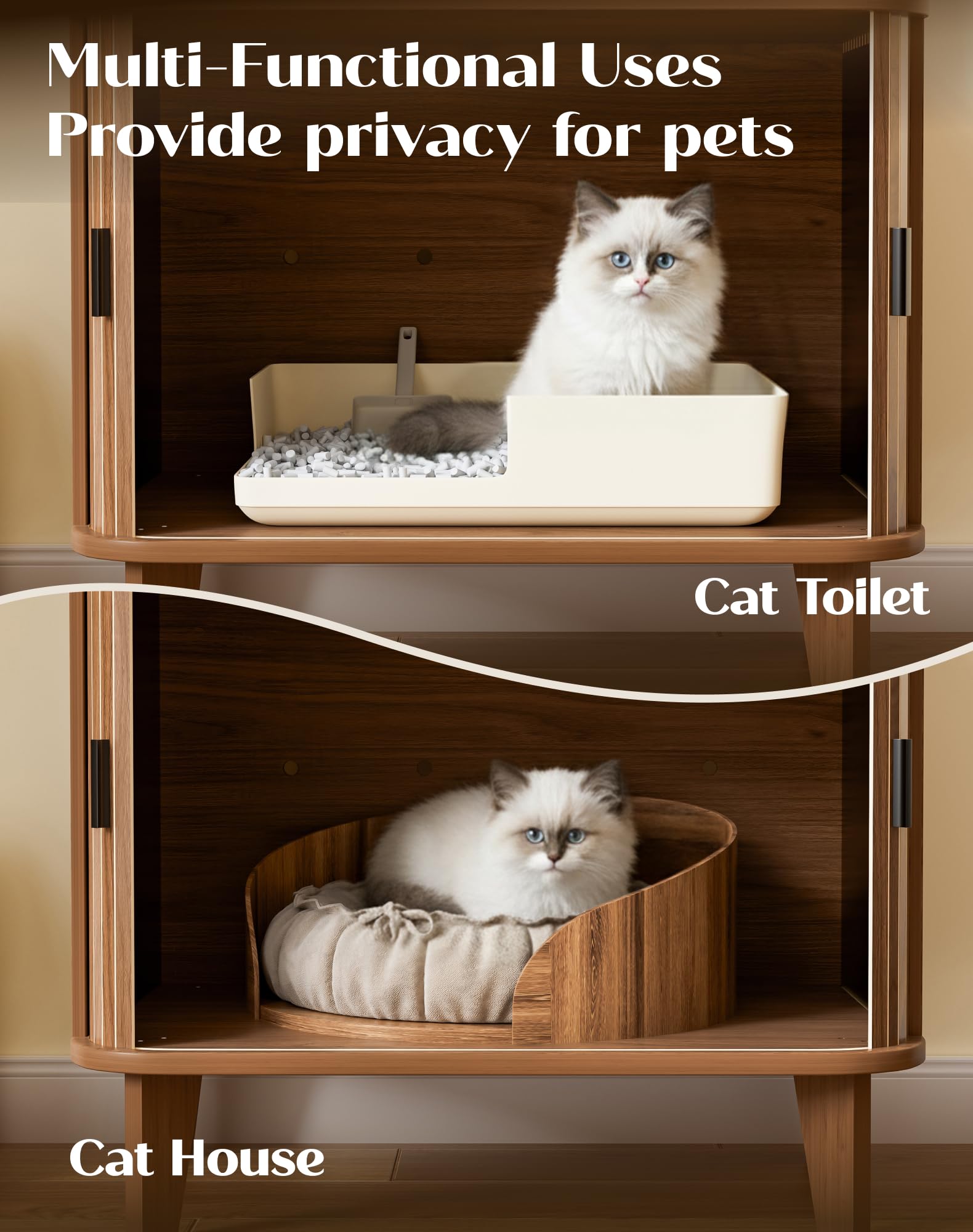 31.5" Cat Litter Box Enclosure,Hidden Litter Box Furniture with 2-Tier Storage Shelves,Wooden Cat Washroom and Pet House with Sliding Tambour Door for Living Room,Walnut - image 7