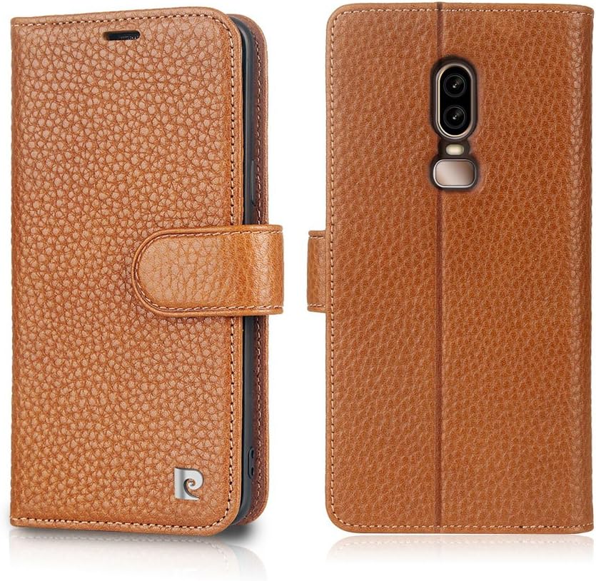 OnePlus 6 Wallet Case, Pierre Cardin Genuine Leather Folio Flip Cover Case with Cards Holder & Money Pocket & Kickstand Design & Magnetic Closure for Men & Women for OnePlus 6 - Brown