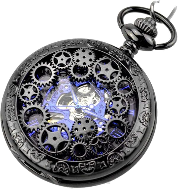 JewelryWe Vintage Half Hunter Black Hollow Gear Wheel Skeleton Hand Wind Mechanical FOB Pocket Watch with Chain