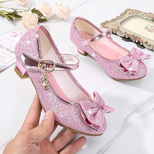 Miniatura 4 de Zapatos de vestir para niñas con lazo de princesa y tacón alto Mary Jane con purpurina, para fiesta de boda para niños pequeñosgrandes (rosa, 5.5