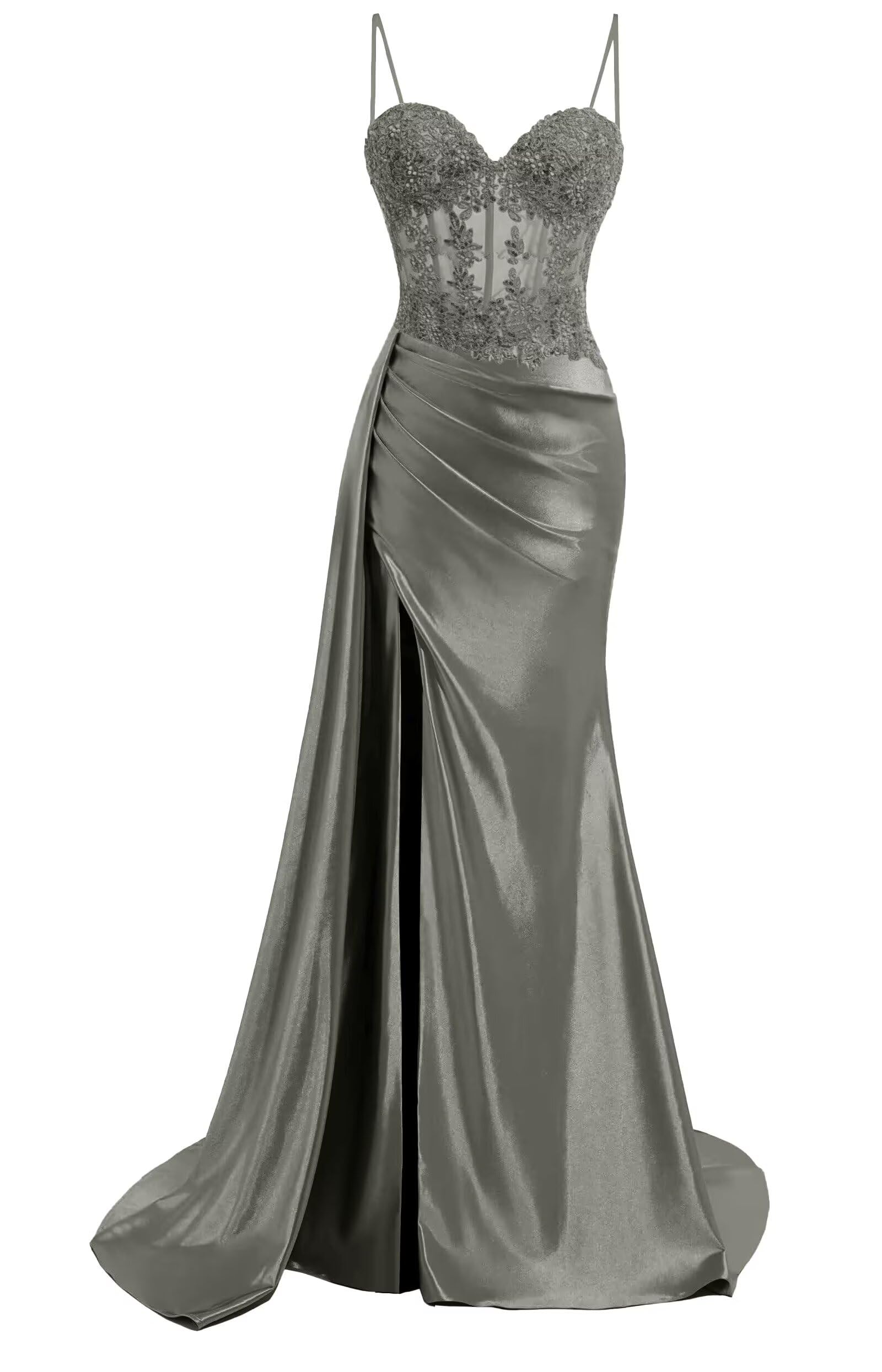 Satin Mermaid Prom Dress with Slit Spaghetti Strap Lace Pleated Sweetheart Long Formal Evening Party Gown