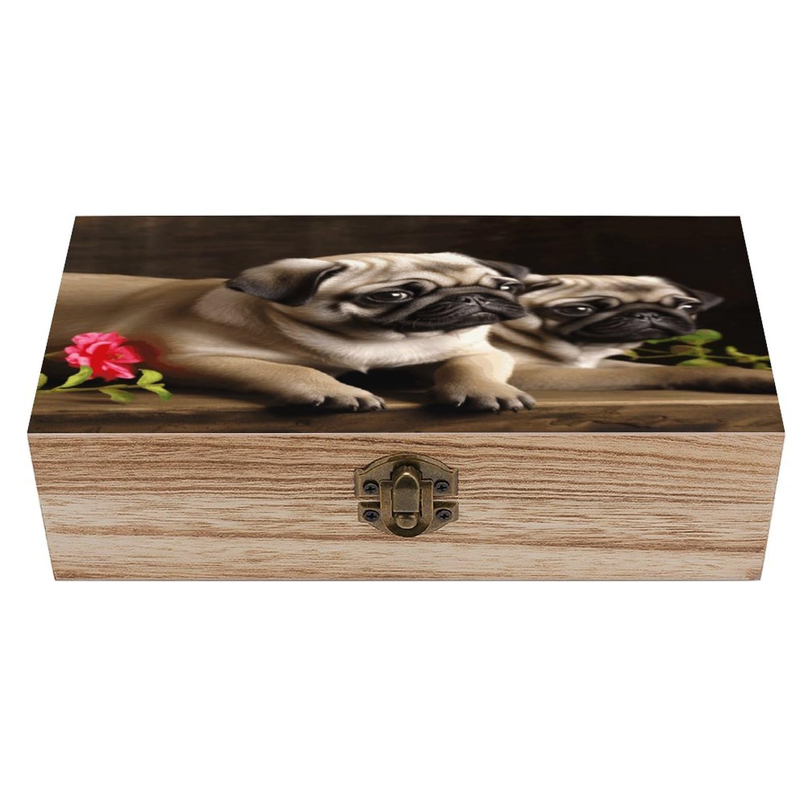 VstaDank Puppys Pug Wooden Storage Box with Hinged Lid Natural Wooden Box Beautifully Keepsake Boxes Vintage Wood Boxes Jewelry Organizer Trinket Storage Chest Unique Gift
