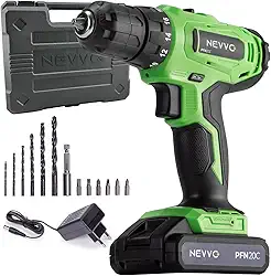 Parafusadeira e Furadeira 20V Potente 1400Rpm 3/8 Engate 10mm Sem Fio Bateria 1300mAh Recarregável Bivolt Torque Variável 18 Níveis 35Nm Com Maleta e Acessórios Profissional PFN20C NEVVO