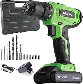 Parafusadeira e Furadeira 20V Potente 1400Rpm 3/8 Engate 10mm Sem Fio Bateria 1300mAh Recarregável Bivolt Torque Variável 18 Níveis 35Nm Com Maleta e Acessórios Profissional PFN20C NEVVO