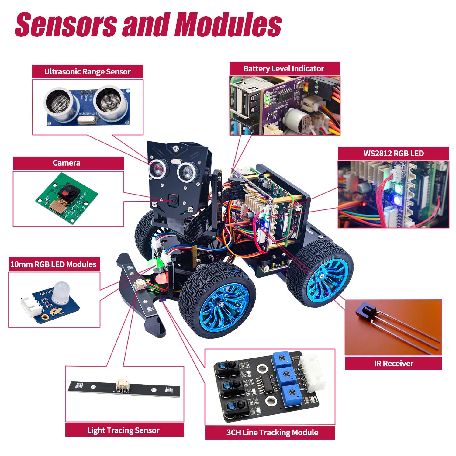 Adeept PiCar-B Mars Rover Smart Car Kit per Raspberry Pi 5/4B/3B/3B+, Obstacle Avoidance, Line Tracking, Light Tracing, Camera, Speech Recognition, Python, tutorial PDF (Raspberry Pi non incluso)