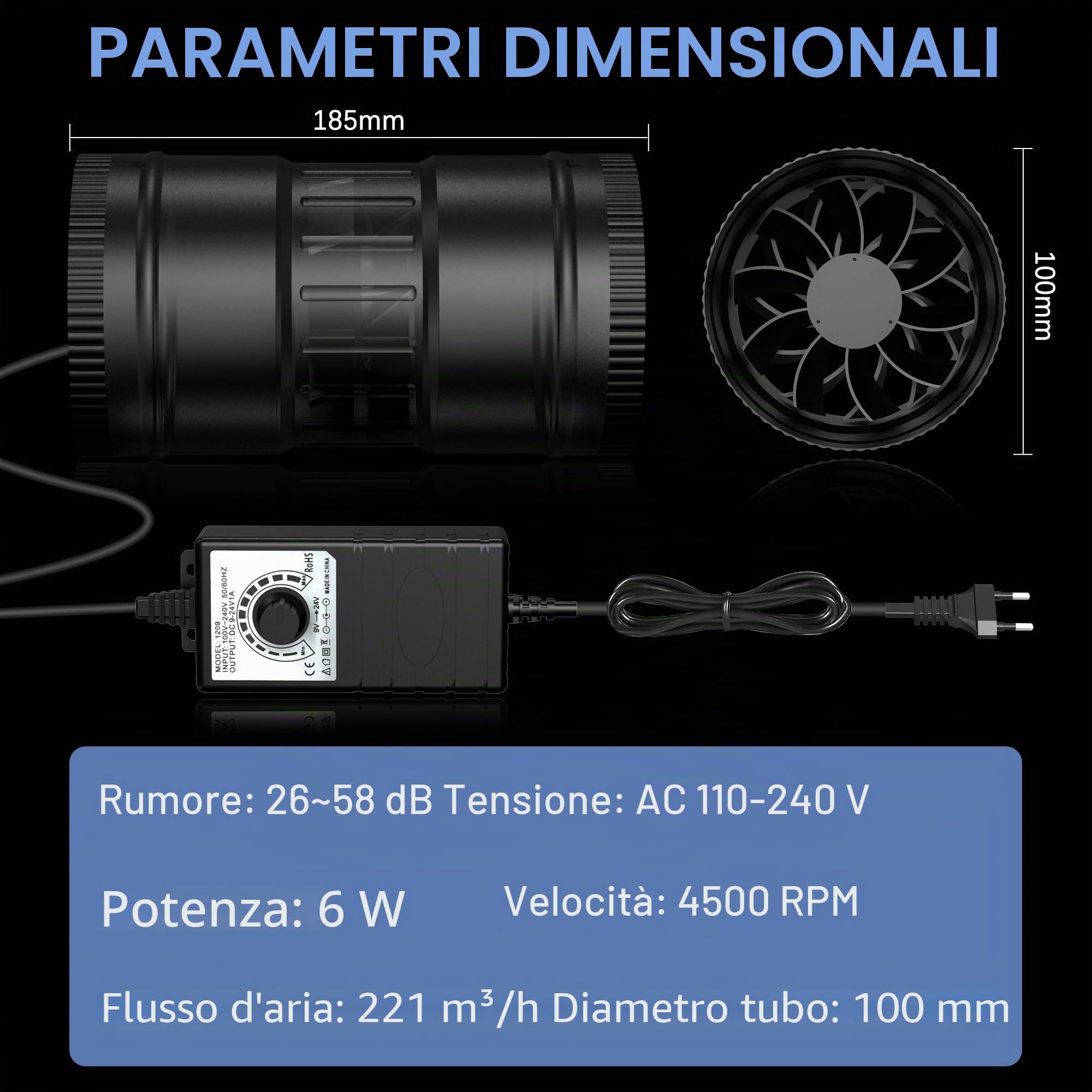 Ventola Aspiratore 100mm,Estrattore Aria 221 m³/h | Presa di Corrente Con Timer, Ritardo e Sensore di Temperatura e Umidità,Per Serra,Tende di Crescita,Coltura Idroponica.