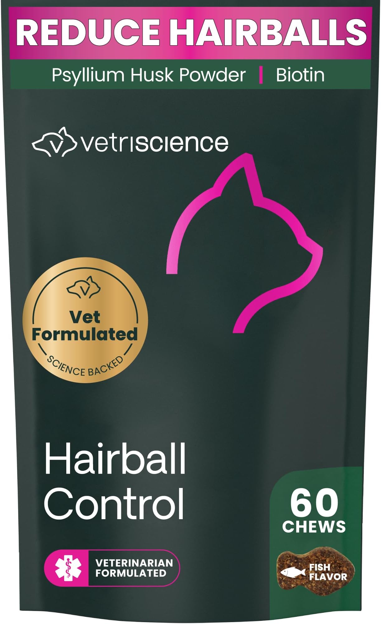 Hairball Control Chews for Cats, Omega-3 and Fiber Supplement, Support Digestion and Skin and Coat, Tasty Small Bites, Chicken, 60 Count