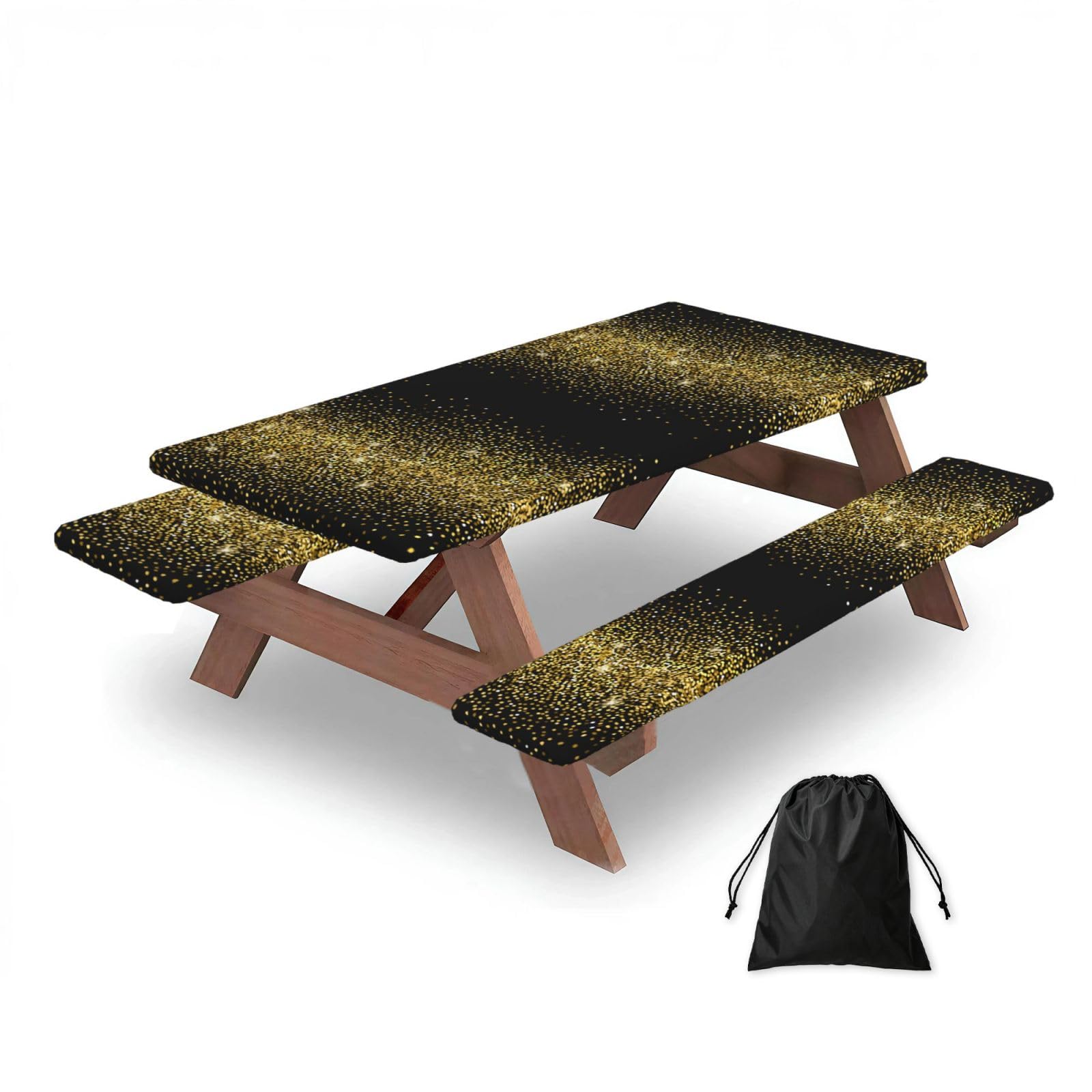 Gold Glitter Pattern, Picnic Table Cover With Bench Covers -Waterproof Elastic Fitted Tablecloth for Garden Camping Patio 76x152cm