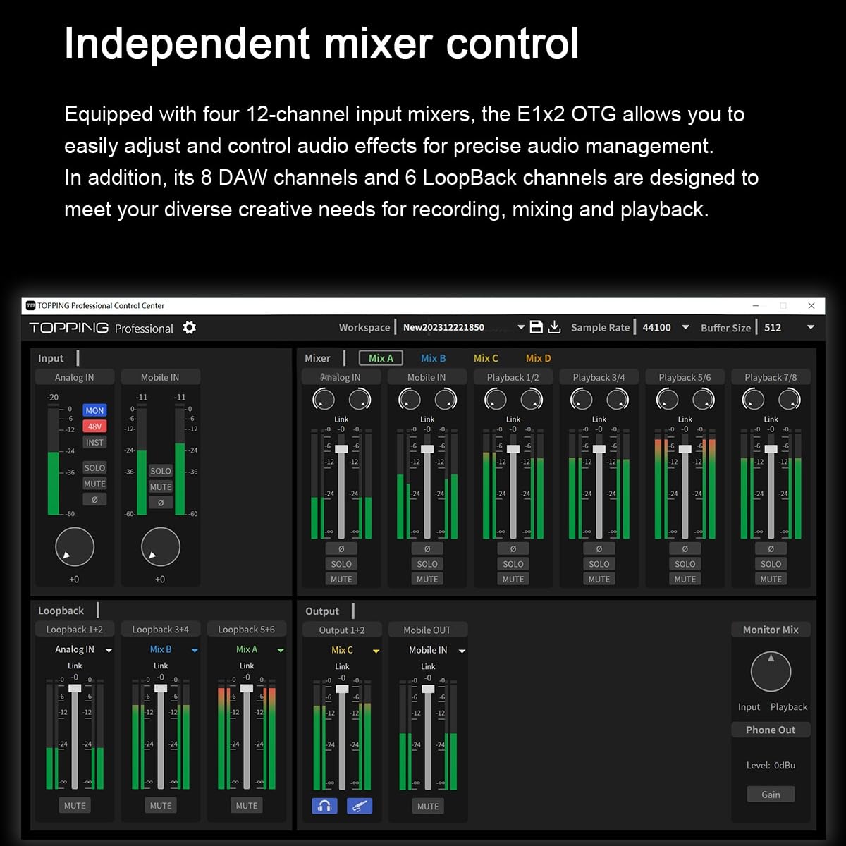Topping Professional E1x2 OTG, Interfaz de audio profesional con conexión OTG, amplificador de auriculares (Negro)