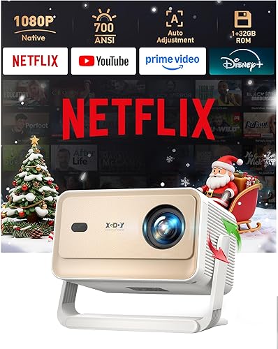 Xgody Proyector Nativo 1080P Full HD certificado por Netflix 700ANSI de alto brillo, alineación automática de 4 vías y cardán controlado por voz