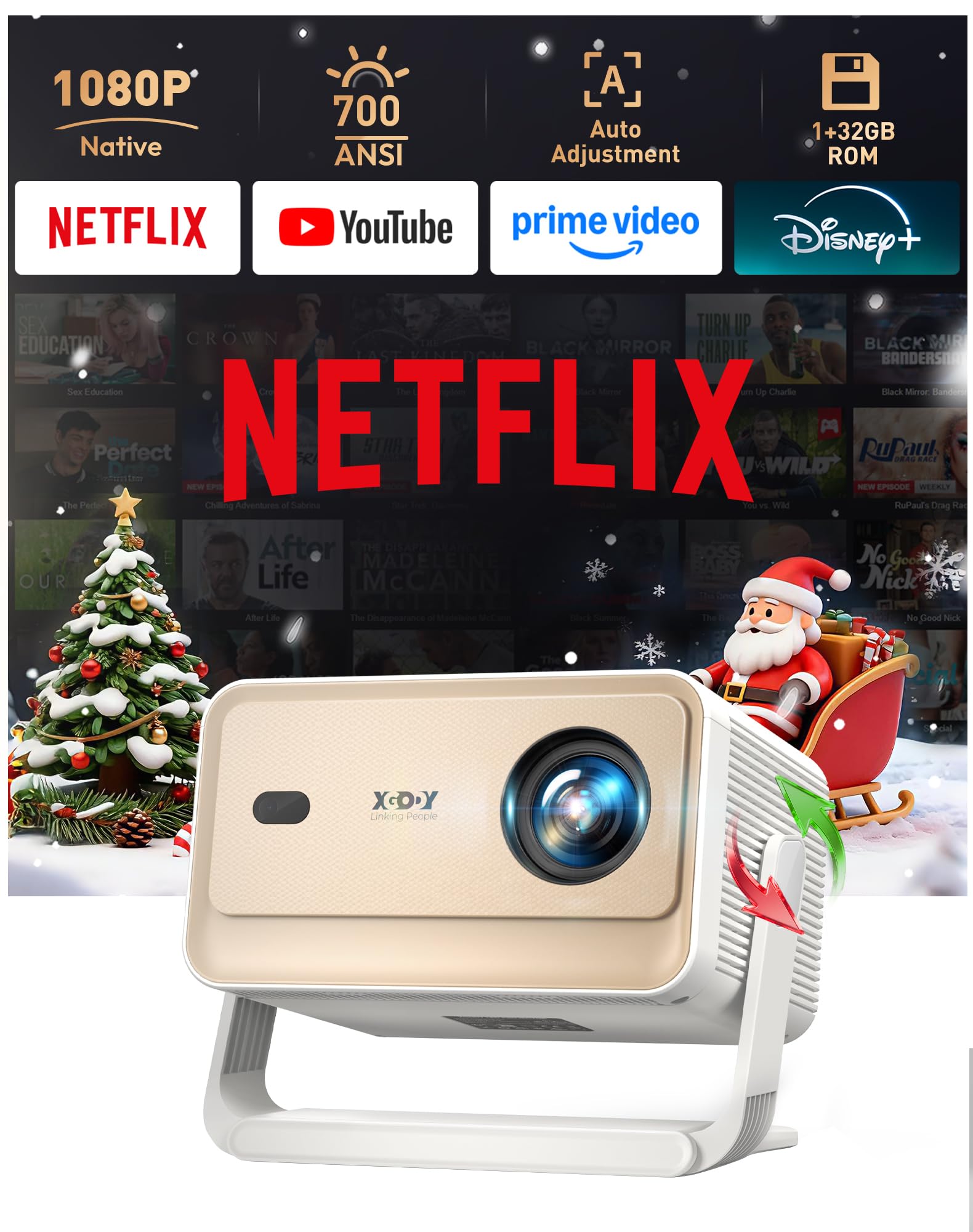 Proyector Xgody con certificación Netflix, resolución nativa 1080P, Compatible con 4K, 700 ANSI, Enfoque automático y Asistente de Voz. Proyector Inteligente N6PRO, WiFi 6, Bluetooth 5.4.