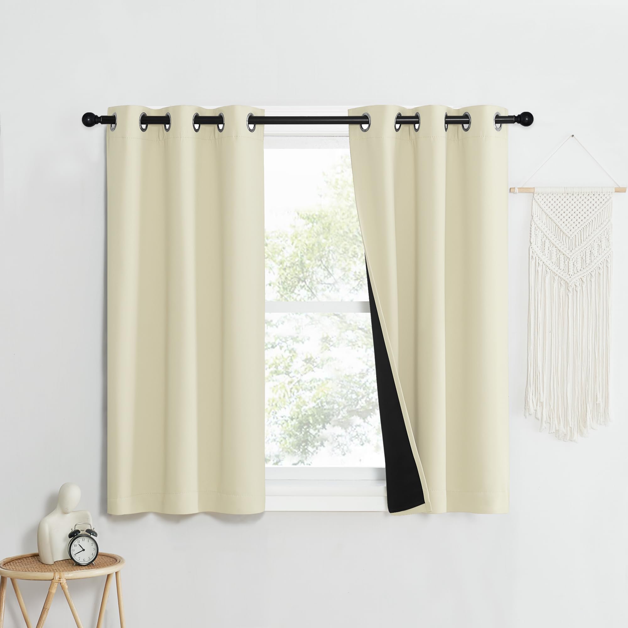 NICETOWN Living Room Completely Shaded Draperies, Privacy Protection &amp; Noise Reducing Ring Top Drapes, Black Lined Insulated Window Treatment Curtain Panels (Beige, 2 Pieces, W37 x L40)