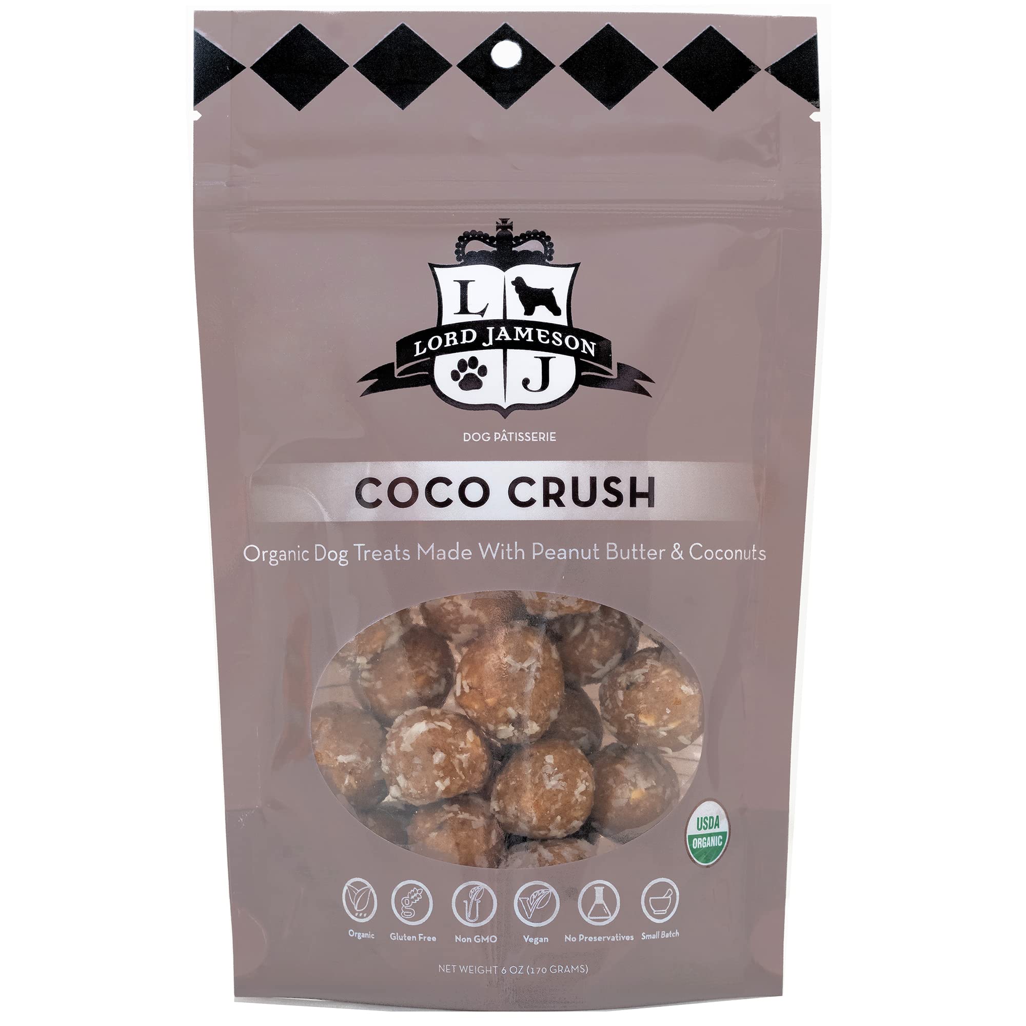 Lord Jameson: Coco Crush 6 oz - Dog Patisserie Treats, Organic Soft & Chewy No-Bake Recipe, PB & Coconut Superfood Bites, Gluten & Preservative Free