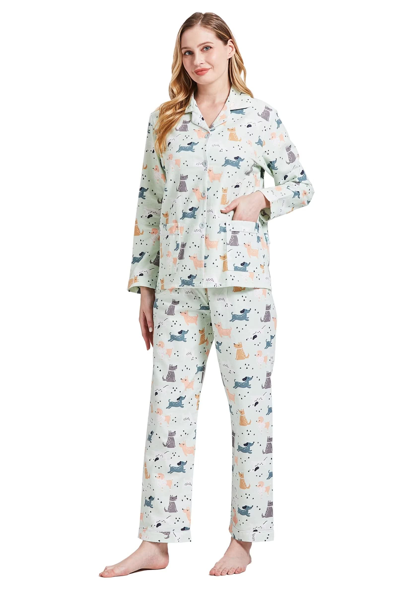 GLOBAL Women's Flannel Pajamas Set 100% Cotton PJs for Women Long Sleeve Button Drawstring Waist Warm Loungewear Sleepwear