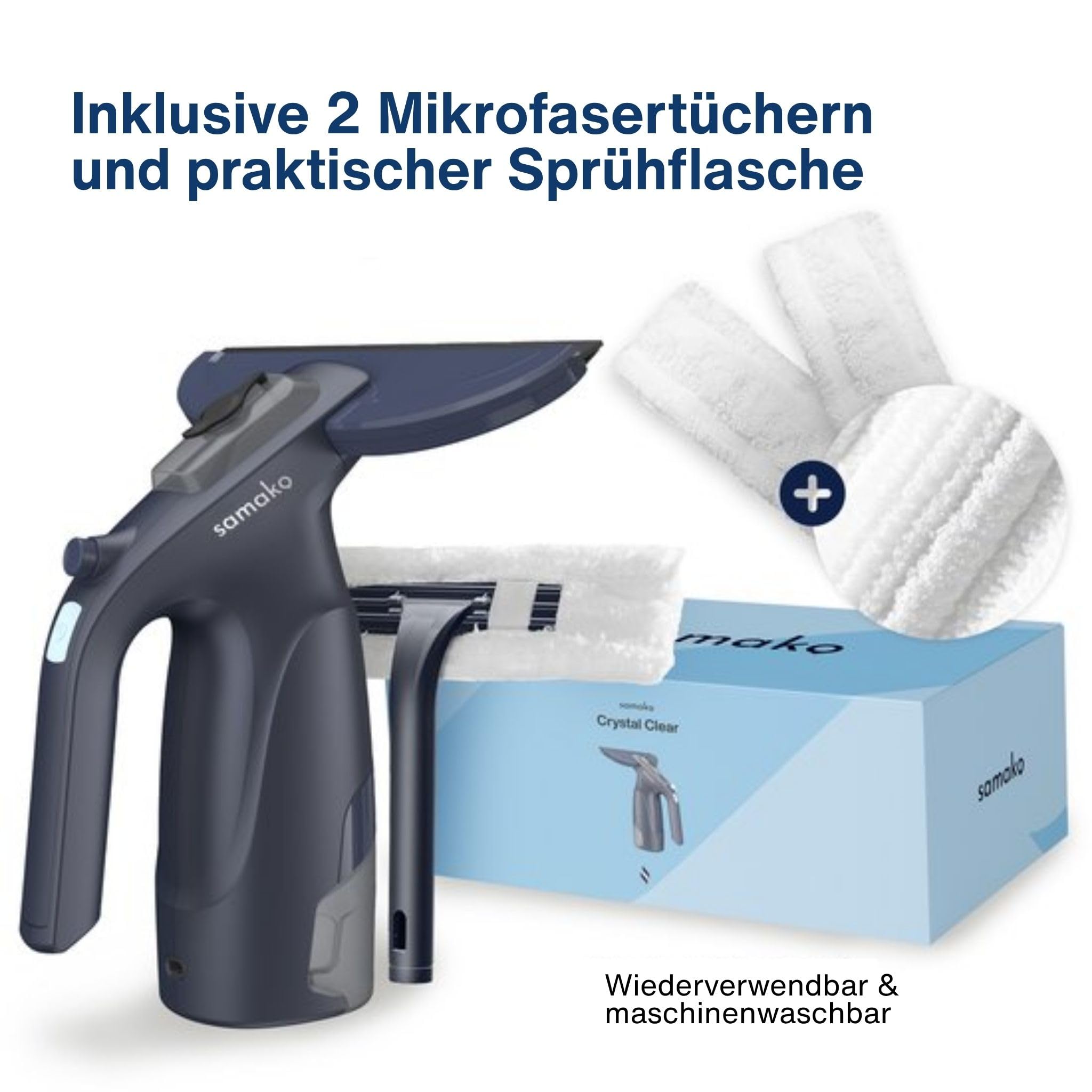 Samako CrystalClear Fensterreiniger 3-in-1 – Akku-Fenstersauger mit Sprühfunktion – Abnehmbarer Tank – inkl. 2 Mikrofasertücher