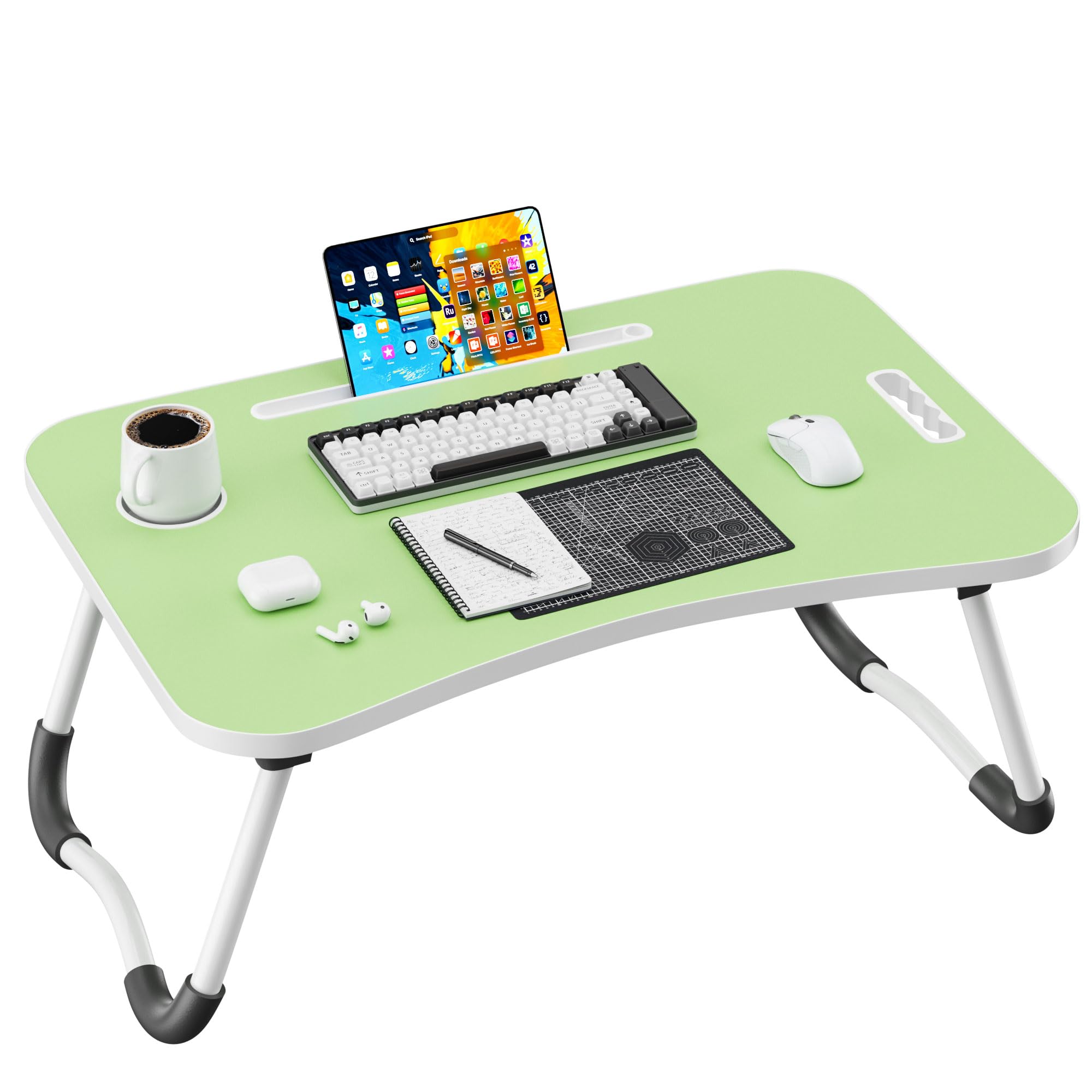 Folding Lap Desk, 23.6 Inch Wood Laptop Bed Desk with Cup Holder, Portable Bed Table for Working Writing Reading &amp; Eating for Bed, Sofa, Couch, Floor - Green