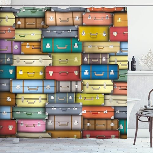 Ambesonne Cortina de ducha moderna, fondo de maletas coloridas, diseño vintage para viajes, vacaciones, juego de decoración de baño de tela con