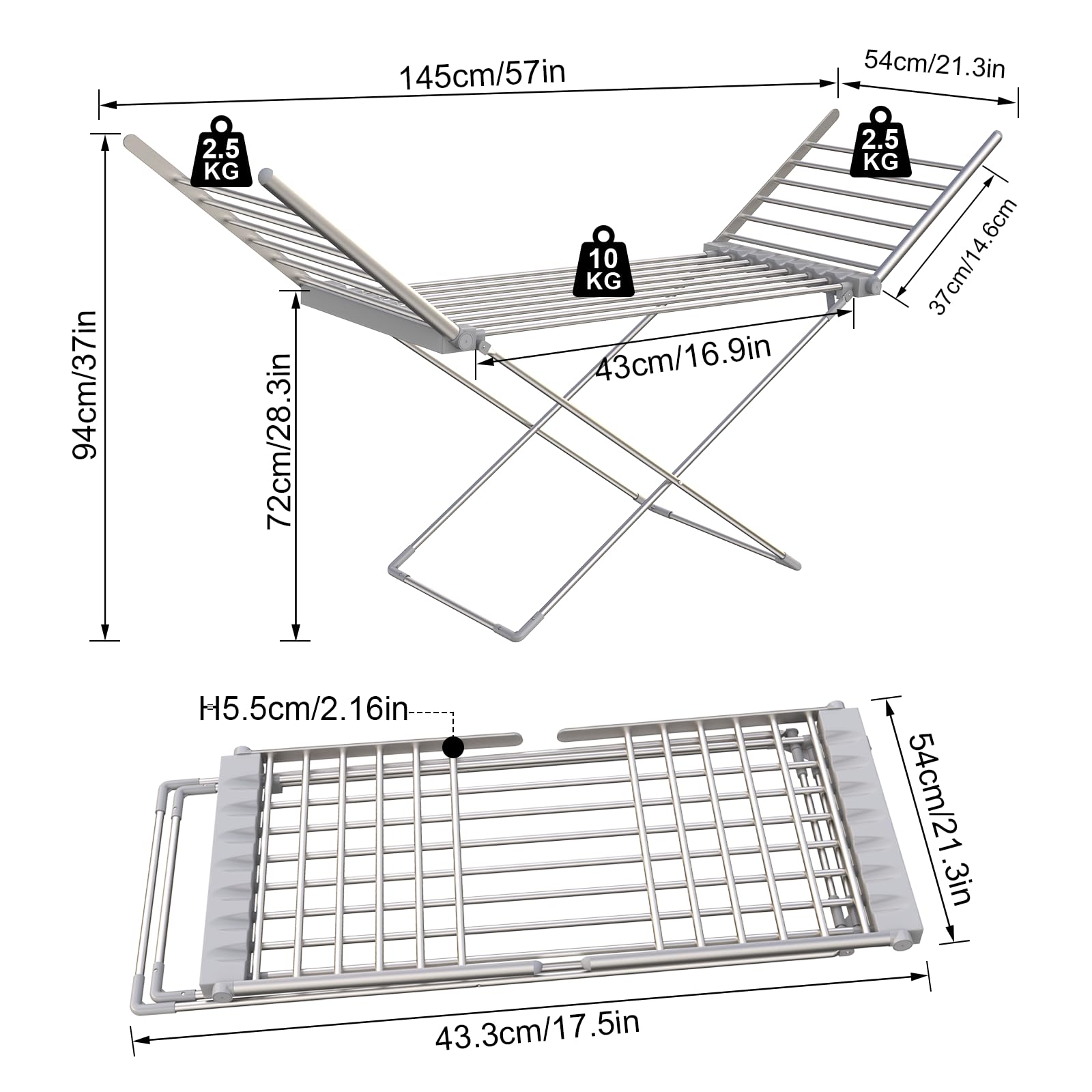Innotic Tendedero Eléctrico con calefacción Plegable de 230 W, 18 Tubos de calefacción, tendedero calefactable para Interiores para Apartamentos y oficinas, Aluminio (145 x 94 x 54 cm)