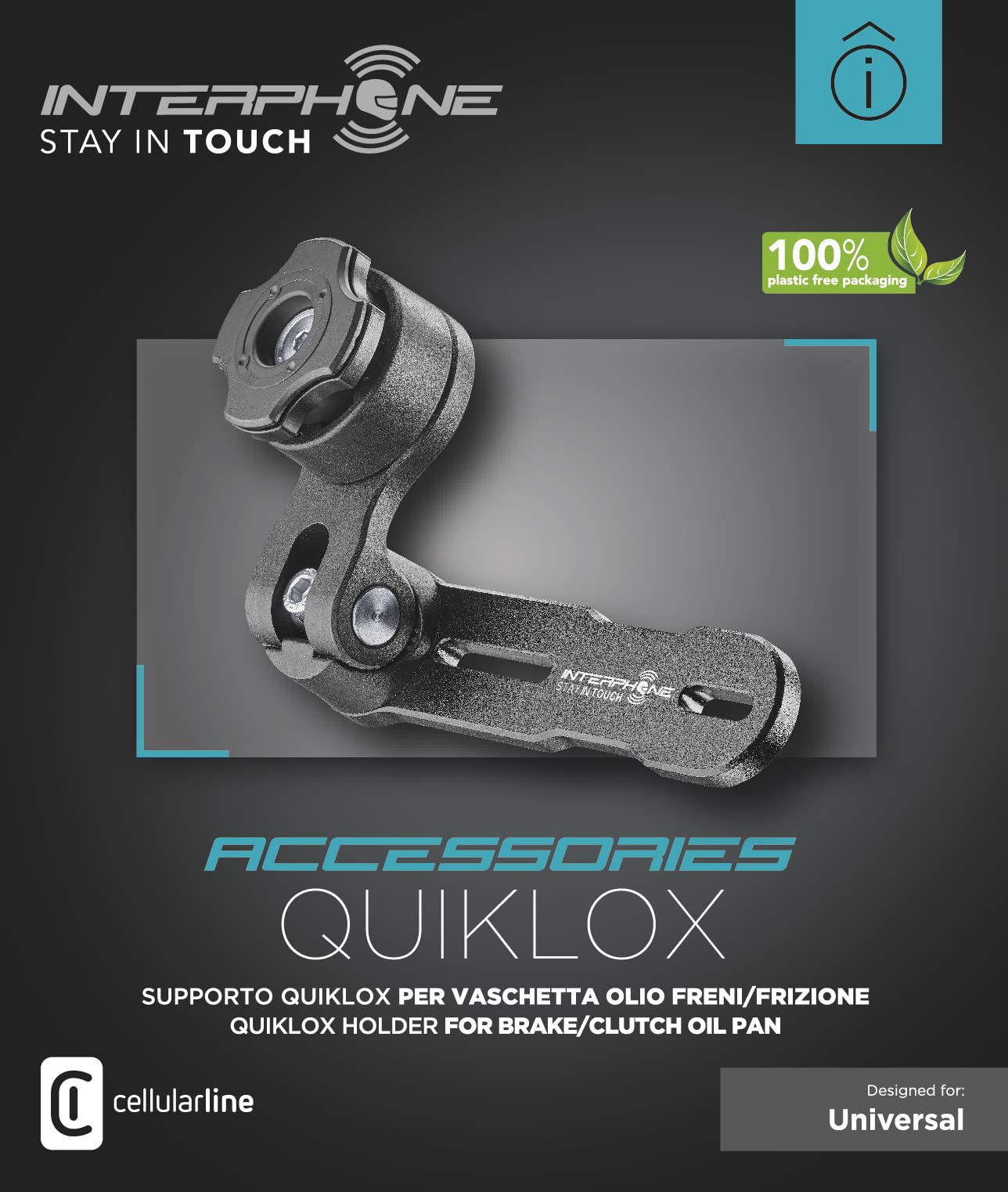 Interphone - Quiklox Modular System - Motocyklowy uchwyt na telefon komórkowy - Hak Quiklox do osłony zbiornika sprzęgła hamulca motocyklowego - Regulowany 360 ​​w poziomie 90 w pionie