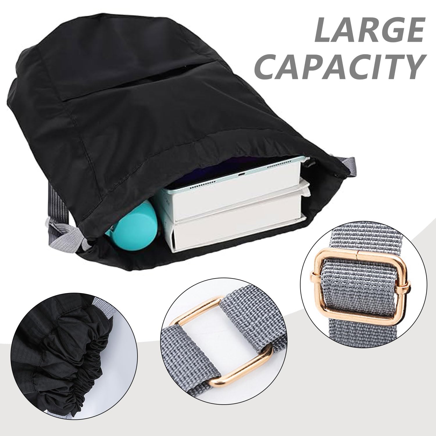 SHENGRUI Drawstring Bag Waterproof Swim PE Bag Unisex Large Sports String Backpack Oxford Fabric Gym Sack for School Travel Swimming Holidays Climbing Hiking (45 * 30,Black) - Image 4
