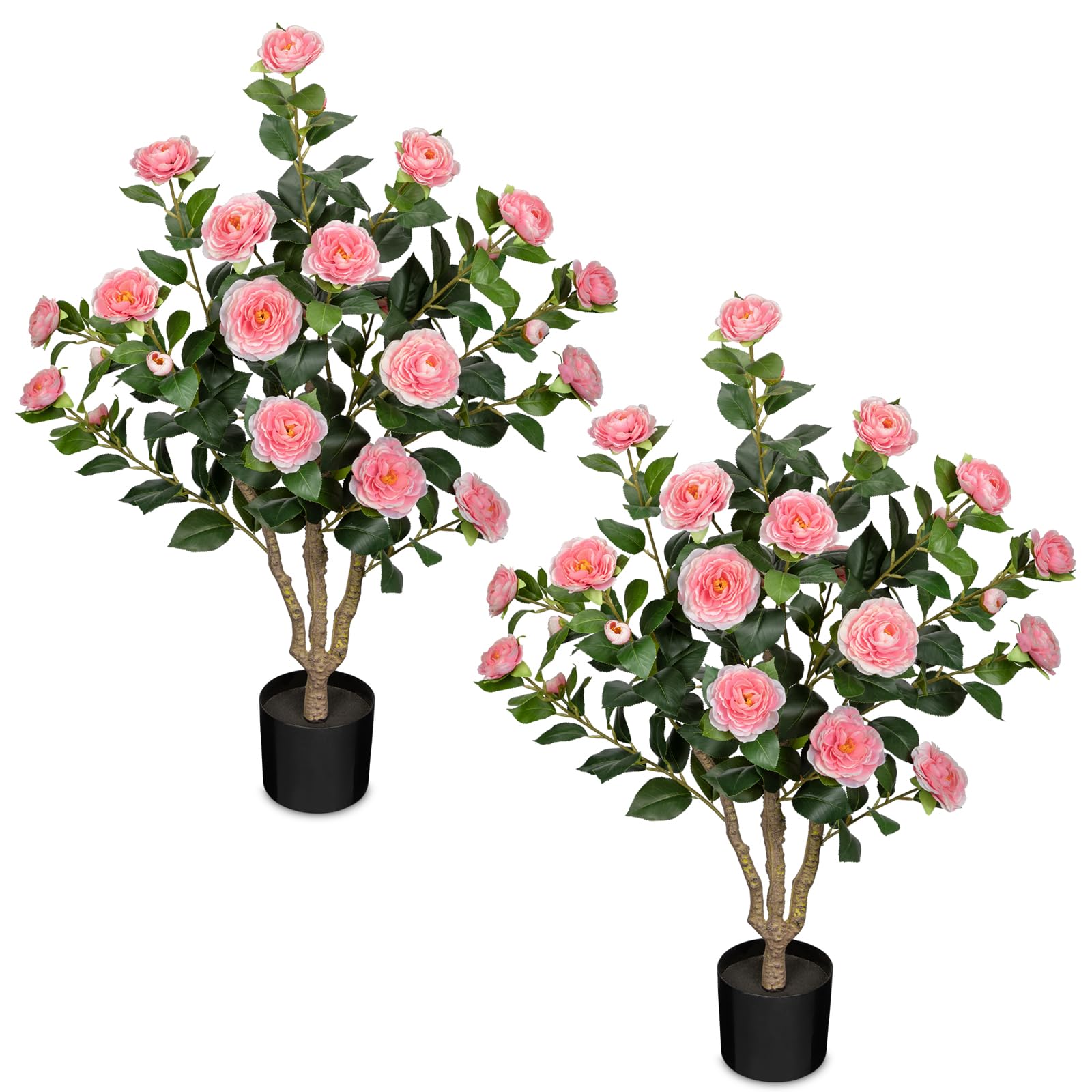 2 STK. Kunstbaum mit Blüten 90cm Baum Künstlich Kamelienbaum Groß | Kunstpflanzen Rosa Blüten Kunstblumen im Topf Künstliche Pflanzen wie Echt im Topf Dekobaum für Indoor Flur Wohnzimmer Deko