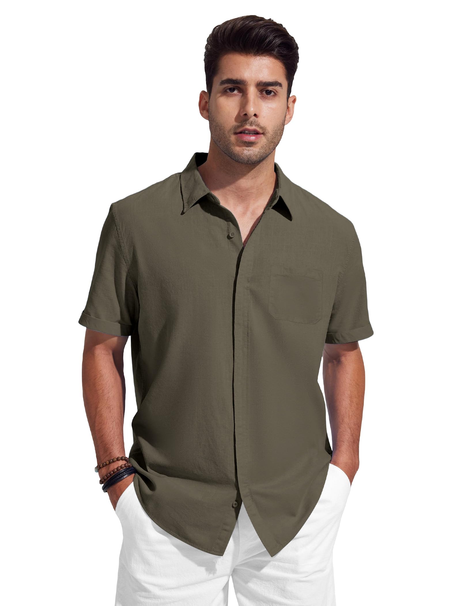 Friptspyg Leinenhemd Herren mit Tasche Baumwolle leinen Hemden Herren Kurzarm Sommerhemd mit Versteckten Knöpfen Casual Alltag Strand