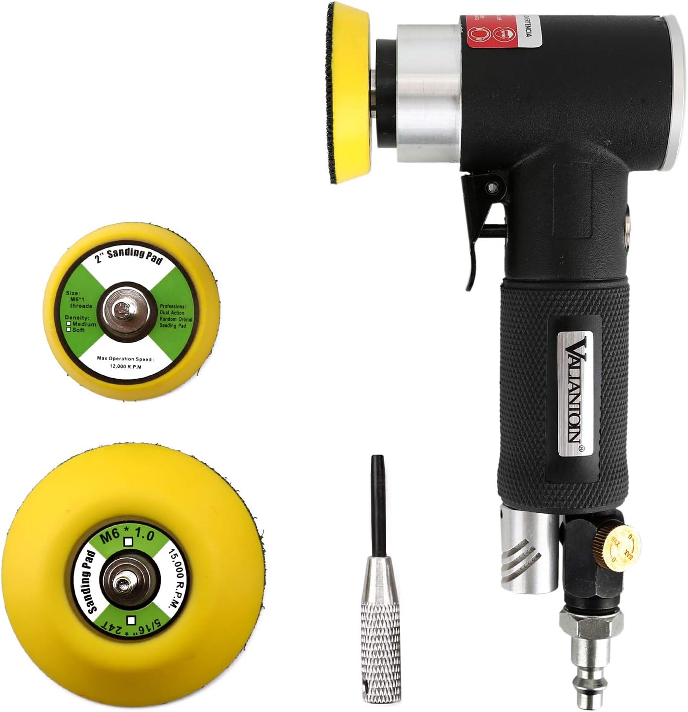Valianto 2" 3" Mini Air Sander, Pneumatic Sander Random Orbital Eccentric Dual Action Polisher with M6 Thread Plate (2" and 3"),- Adjustable Airflow Valve - US Connector