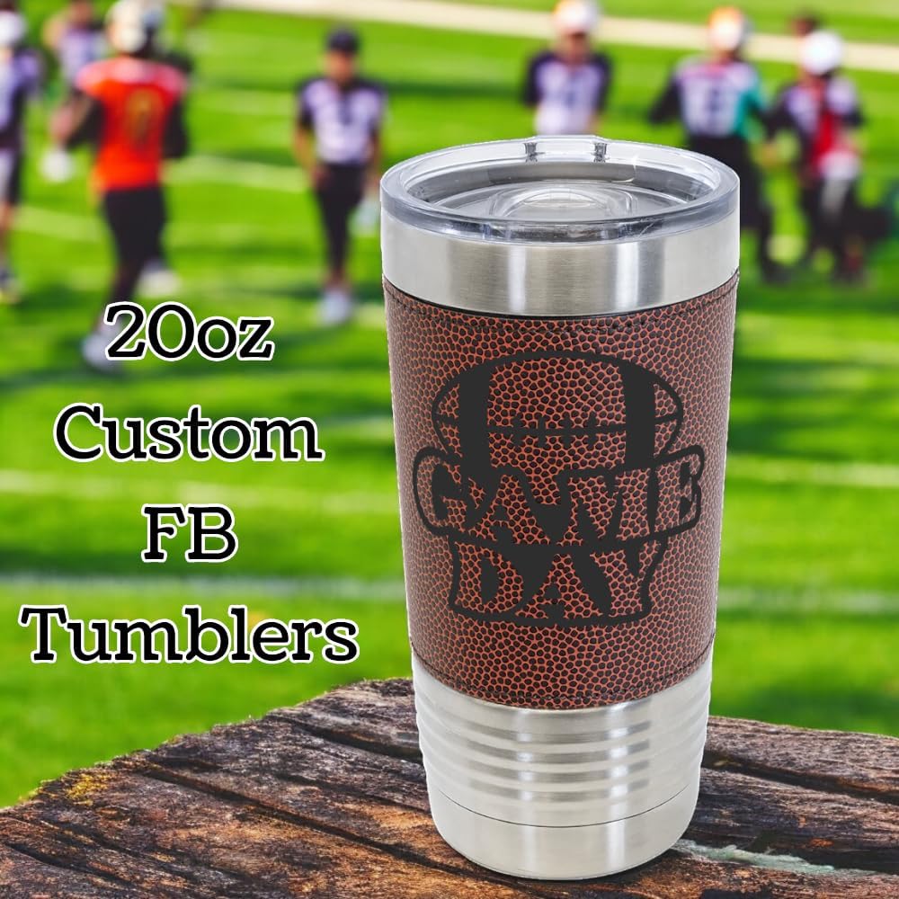Custom Football Tumblers with Full Grain Leatherette, Football Mom Drinkware, Personalized Football Cup for Teams, Boosters and Coaches, Customized Tumblers for FB Season…
