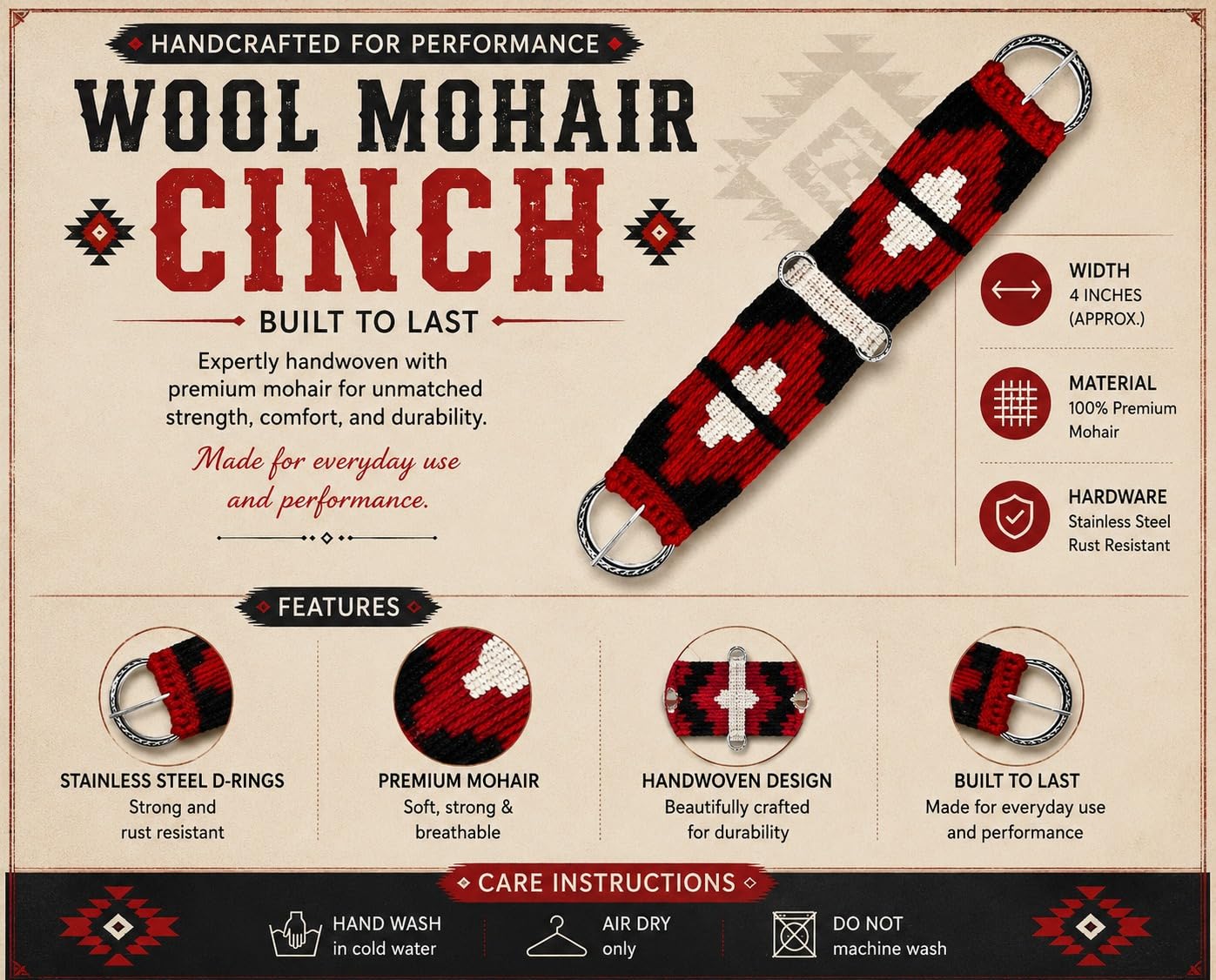 Cheval's Western Mohair - Cinch per cavallo, in lana mohair, con fibbie in acciaio inossidabile, traspirante e resistente, per trail riding, corse di barili, corde, rodeo, multicolore