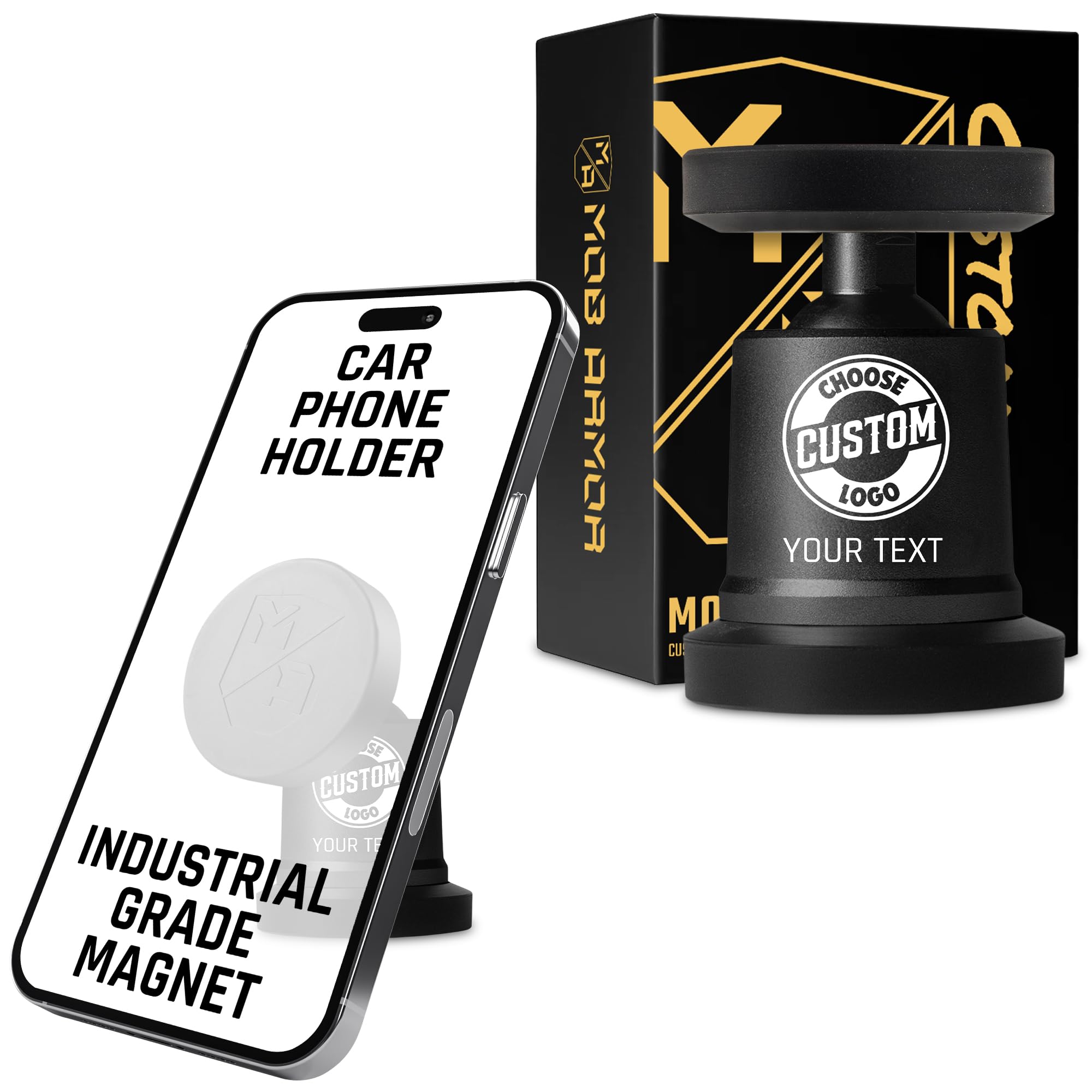 MobNetic Maxx - Customized Magnetic Phone Holder for Car, Personalized Car Phone Mount with 90-Degree Tilt, 360-Degree Rotation, Aluminum Metal, Compatible with iPhone & Android - Black