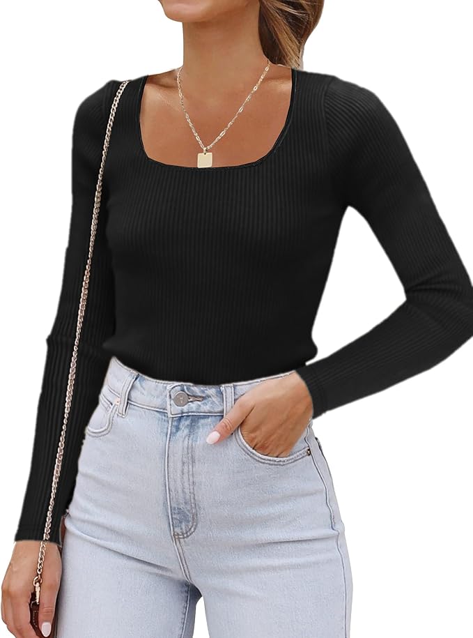 Eniloyal Long Sleeve Shirts for Women Fall Clothes Tops Square Neck Ribbed Basic Y2K Tight Slim Fitted Tshirt