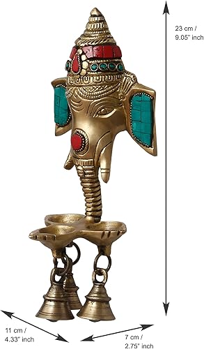 Miniatura 4 de eCraftIndia Obra de piedra dorada y colorida hecha a mano Lord Ganesha colgante de pared de latón Diya de 3 mechas con 3 campanas - Diya de