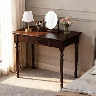 Conabaen Walnut Writing Desks with Drawers, 35" Solid Wood French Country Style Computer Desk for Home Office, Living Room Study or Workspace