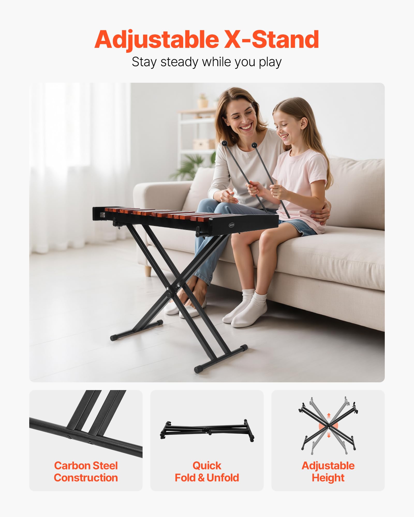 VEVOR Glockenspiel Diatonico Xilofono, 37 Note, Strumento a Percussione Professionale in Legno, con Supporto Regolabile in Altezza 4 Bacchette, Borsa per Trasporto, per Insegnamento Musicale