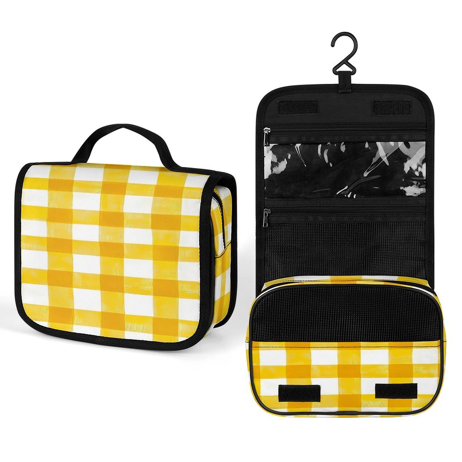Yellow Gingham Check Plaid Makeup Bag Portable Hanging Organizer for Travel Wash Bags With Handle And Divider