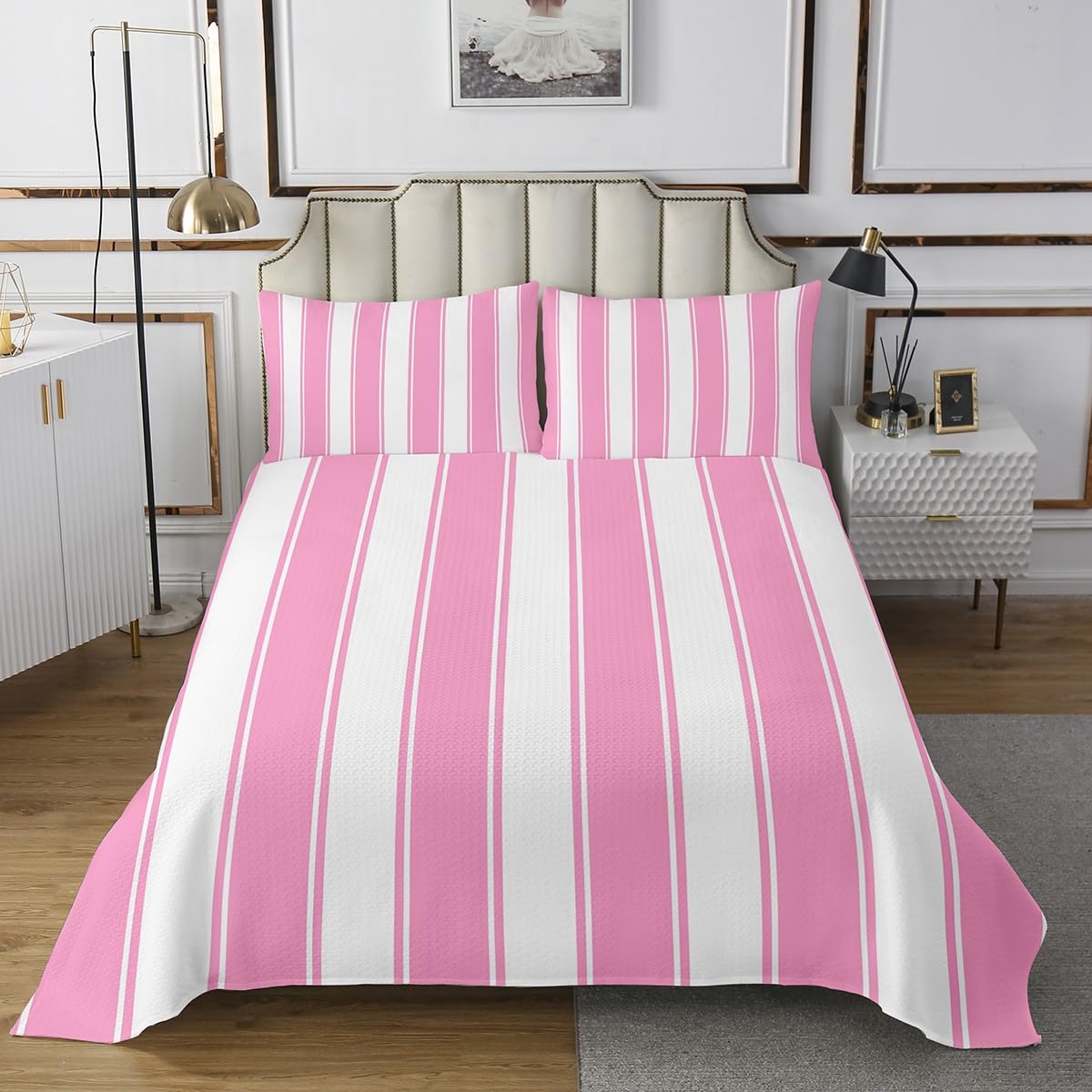 Pink Stripe Bedspread Queen Size, Stripes Lines Patchwork Coverlet Set 3pcs, Abstract Geometric White and Pink Quilted Coverlet with 2 Pillowcases, Kids Boys Girls Room Decor, Soft Bedding Quilt