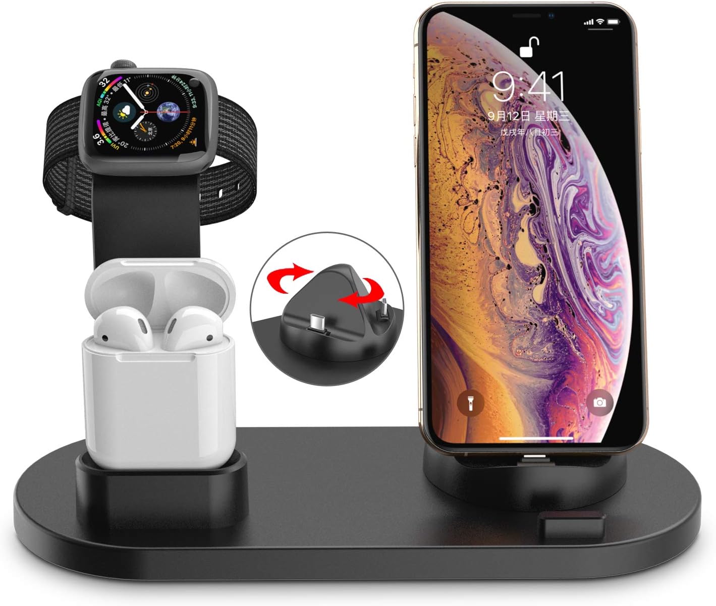 Charging Station for iPhone Apple Watch Charger Stand with iPhone Stand Airpods Charging Dock Stand for iPhone X/XS/XR/8/7/6s/Plus iWatch 4/3/2/1 (Black Plastic)