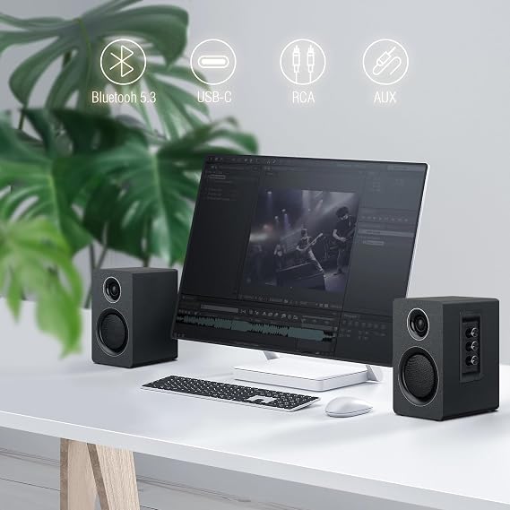 Active Bookshelf Speakers, 60W, Bluetooth 5.3, USB-C, AUX/RCA, Black | A 3-inch carbon fiber woofer, 1-inch silk dome tweeter and wood cabinets. For PCs, turntables, TVs, gaming and music.