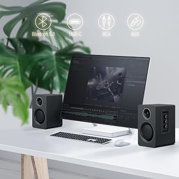 Active Bookshelf Speakers, 60W, Bluetooth 5.3, USB-C, AUX/RCA, Black | A 3-inch carbon fiber woofer, 1-inch silk dome tweeter and wood cabinets. For PCs, turntables, TVs, gaming and music.
