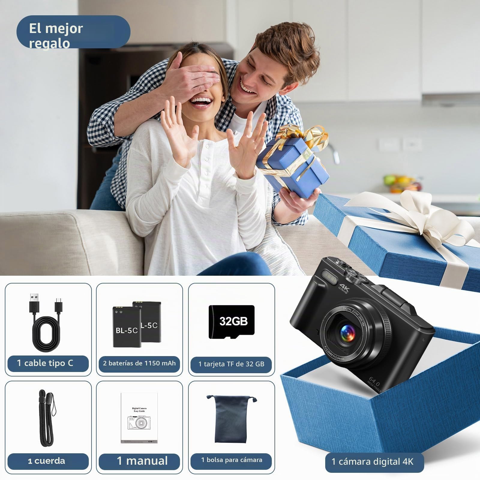 Gavonde Cámara digital para fotografía, cámara de vlogging 4K con pantalla abatible de 3 pulgadas de 180°, zoom digital de 18X, color negro