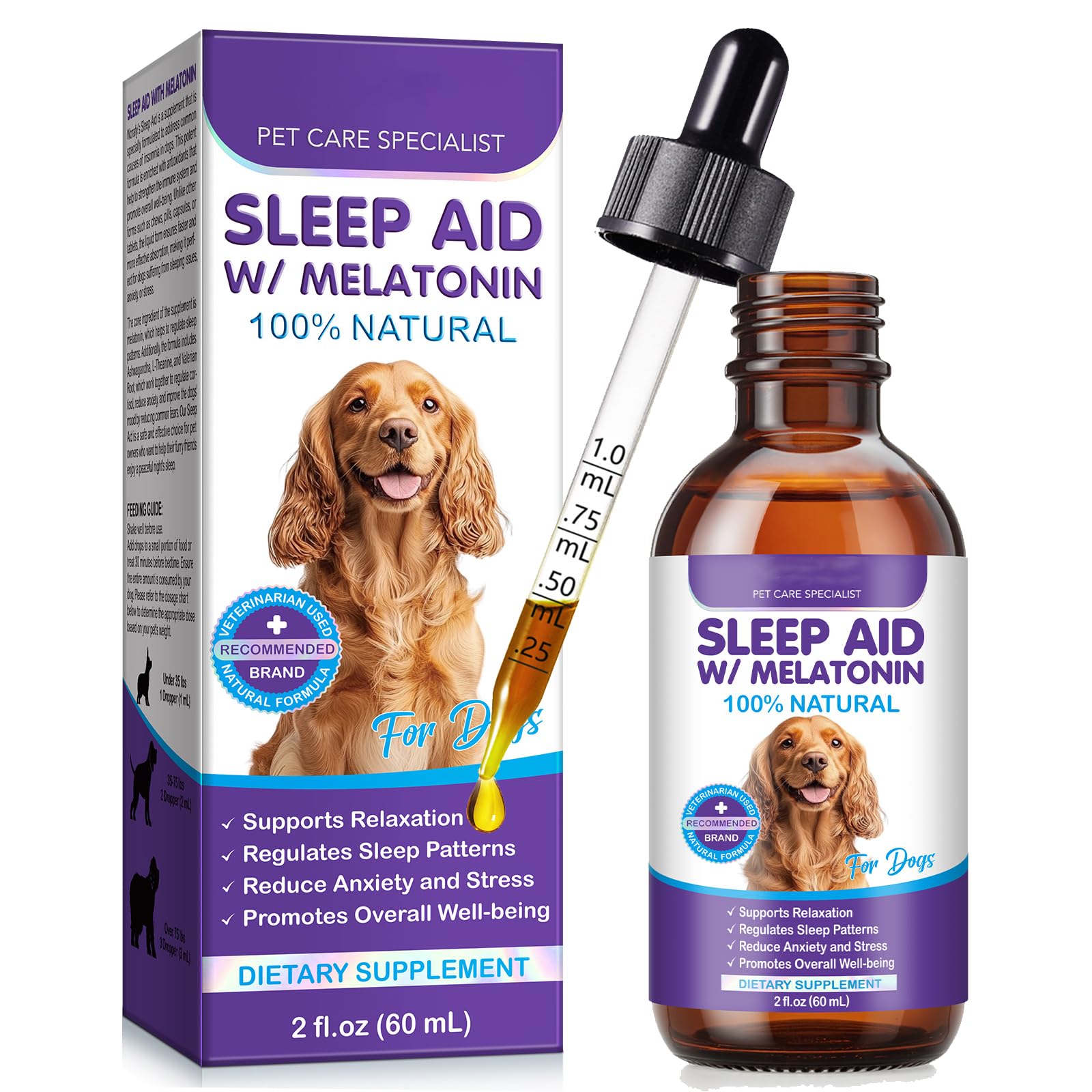 Melatonin for Dogs, 60ml Liquid Dog Melatonin Drops for Sleep Aid & Dogs Anxiety Relief, Dog Calming Treatment for Noise, Fireworks, Separation & Travel Stress