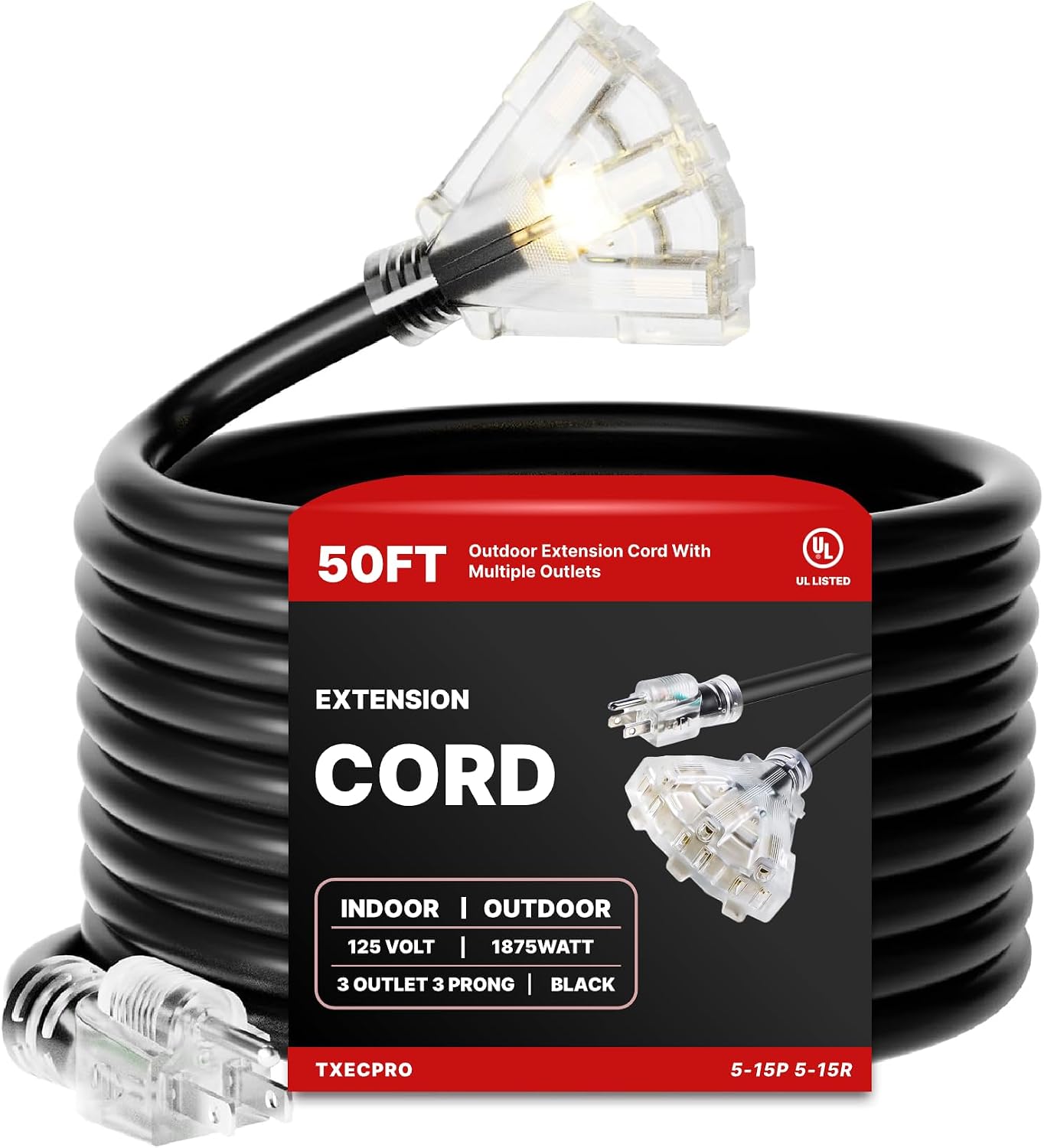 10 FT 10/3 Gauge Outdoor Extension Cord with Multiple Outlets Light Indicator, Flexible 3 Outlet Weatherproof Heavy Duty Extension Cord Waterproof, 15A 1875W 10AWG SJTW, UL Listed