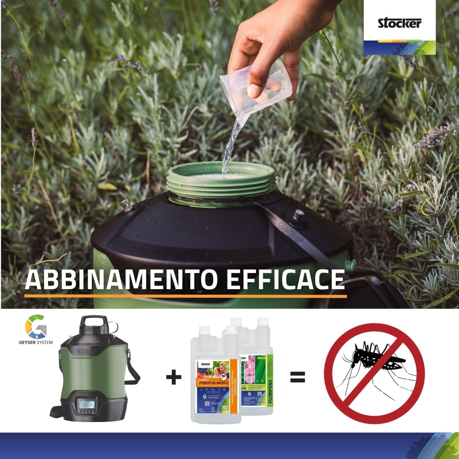 STOCKER – Kit Nebulizzatore Geyser 12L con Timer e Pompa Automatica, Batteria 12V, Copertura di 40 m² estendibile fino a 400 m², Sistema Antizanzare con 1 L Zanzaricida e 1 L Disabituante