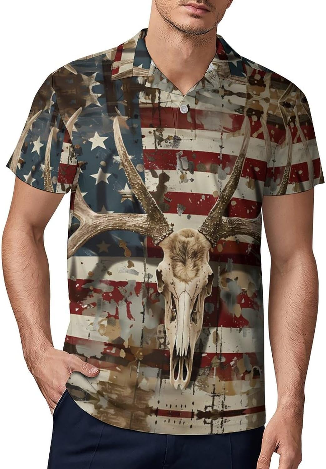 Deer Hunting US Flag Novelty Men's Short Sleeve Shirt Golf Tennis Shirts Work T-Shirt Sport Tee