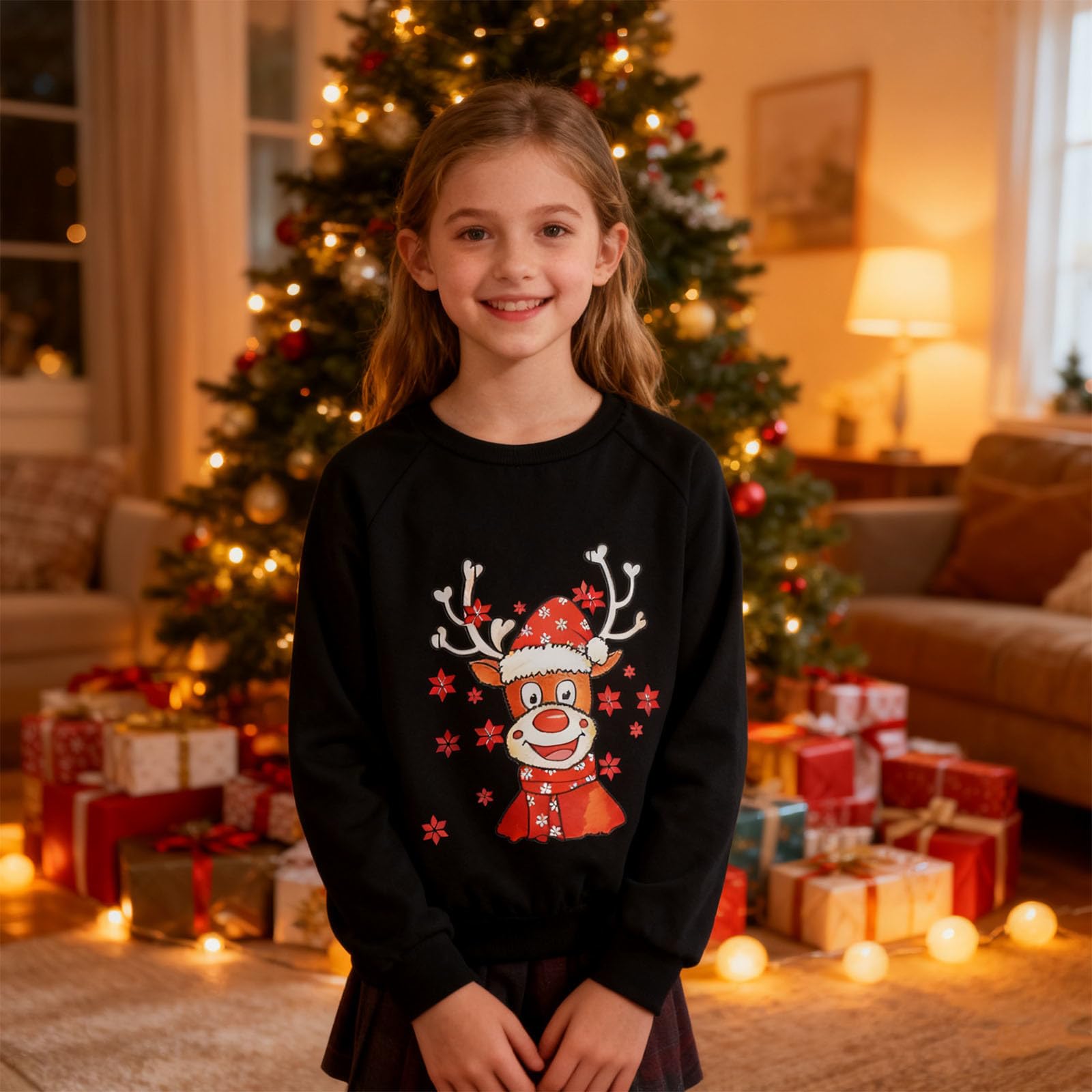 SFreeBo Sudadera de Navidad para niños Jersey para niñas Camiseta de Manga Larga de Invierno Jersey Informal de algodón con Estampado navideño para niños de 4-11 años