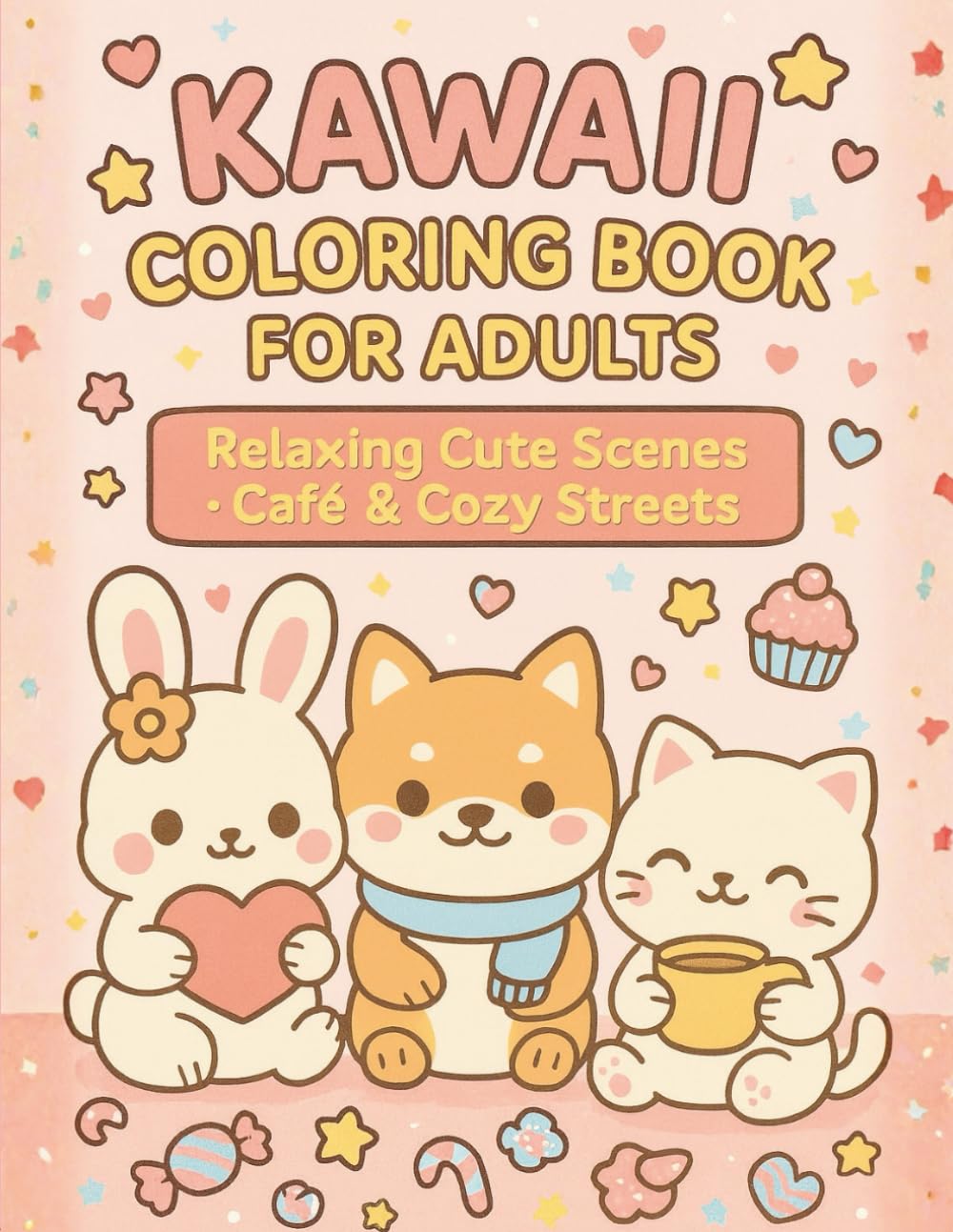 Coloring Book for Adults kawaii – Cute Stress Relief Art: Relaxing and charming café moments, cute animals and cozy everyday scenes