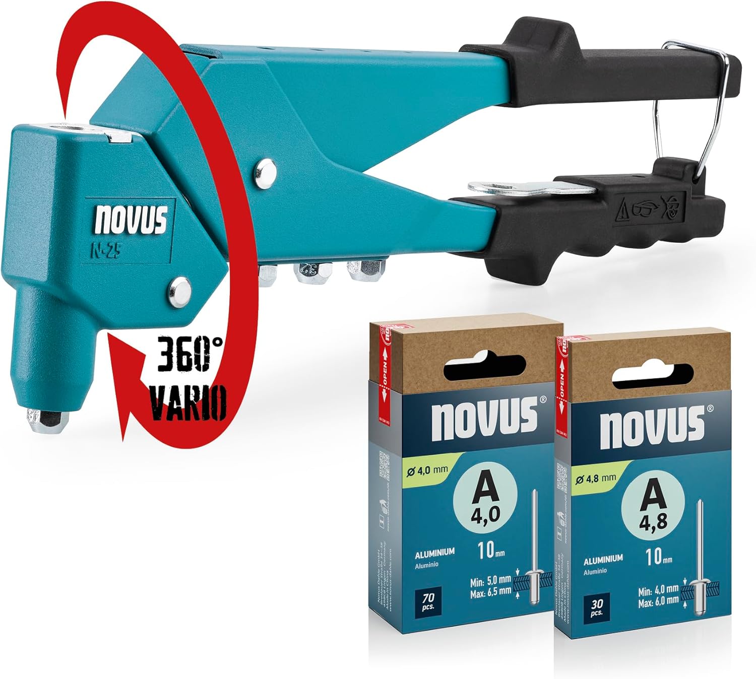 N-25 Vario Set of 100 Blind Rivets Aluminium Rivet Pliers with 360° Swivel Head, 1-Hand Operation, Ergonomic Handle Design, Return Spring