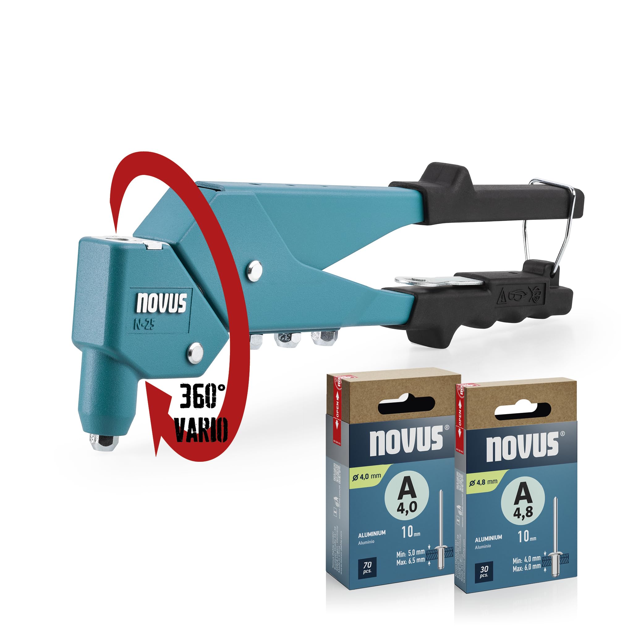 NOVUS TOOLS N-25 Vario Set of 100 Blind Rivets Aluminium Rivet Pliers with 360° Swivel Head, 1-Hand Operation
