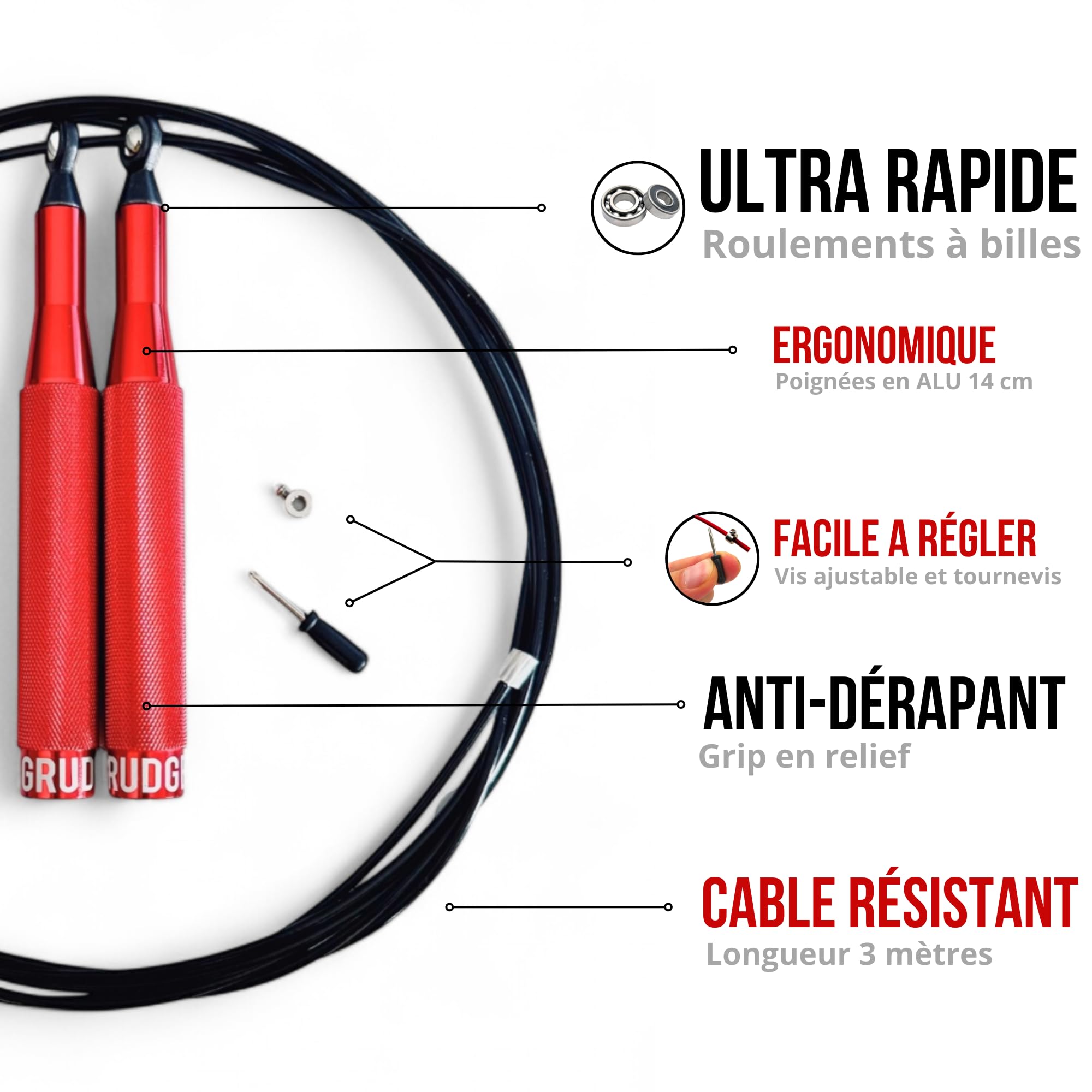 GRUDGE® Corde à Sauter Rx speed CROSSFIT - Corde de Vitesse Ajustable avec Poignées Ergonomiques - Câble en Acier pour Double-Unders et Entraînement Fitness - Convient à tous
