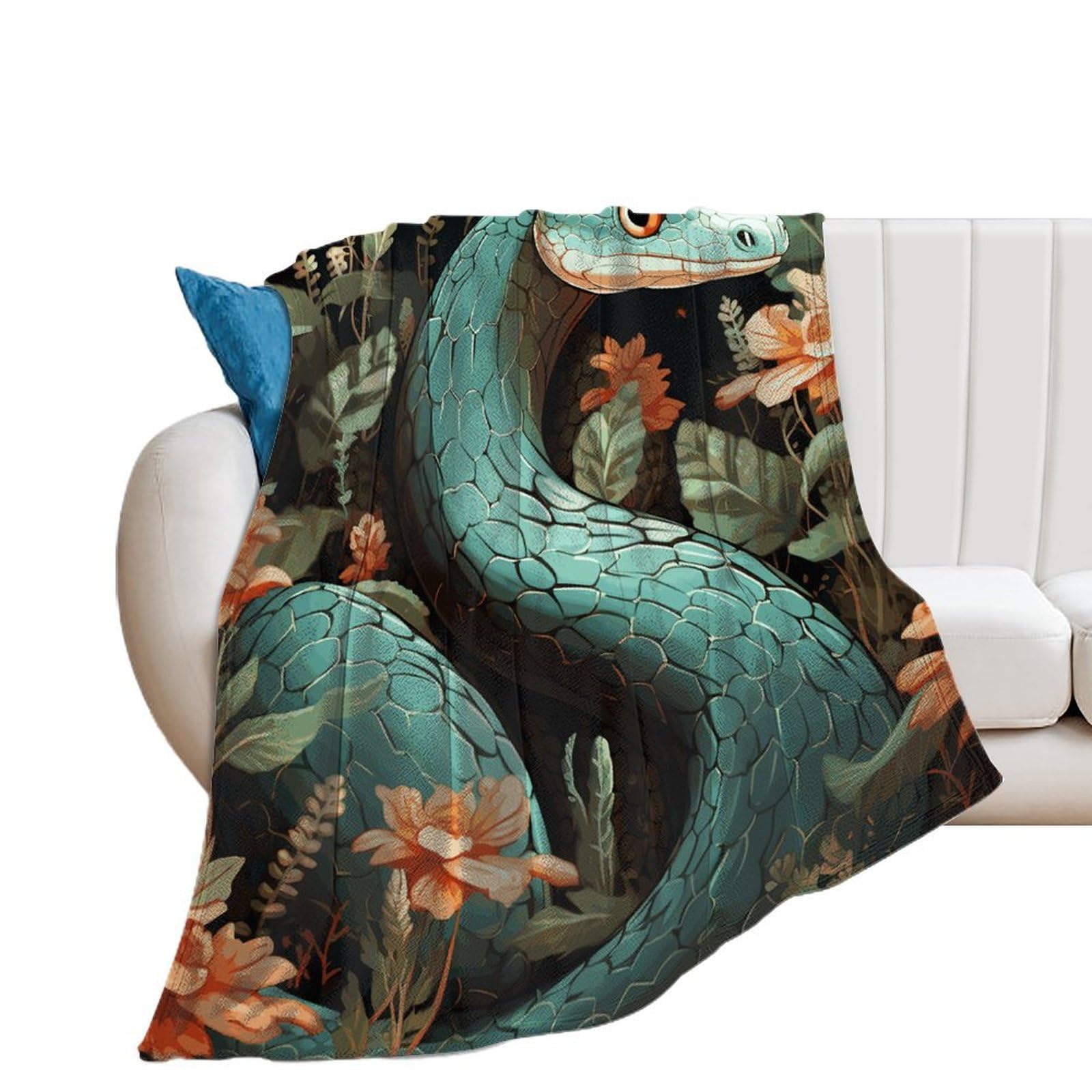 Couverture en flanelle motif serpent et fleur idéale pour voyage et camping